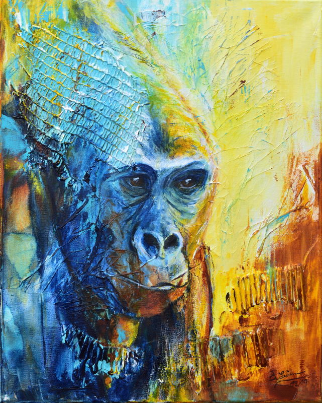 Dreaming of Gorillas (Acryl auf Leinwand) ist ein Bild von Bianca Leidner zur aktuellen online-Ausstellung der Künstlergruppe Kunst & Bündig.